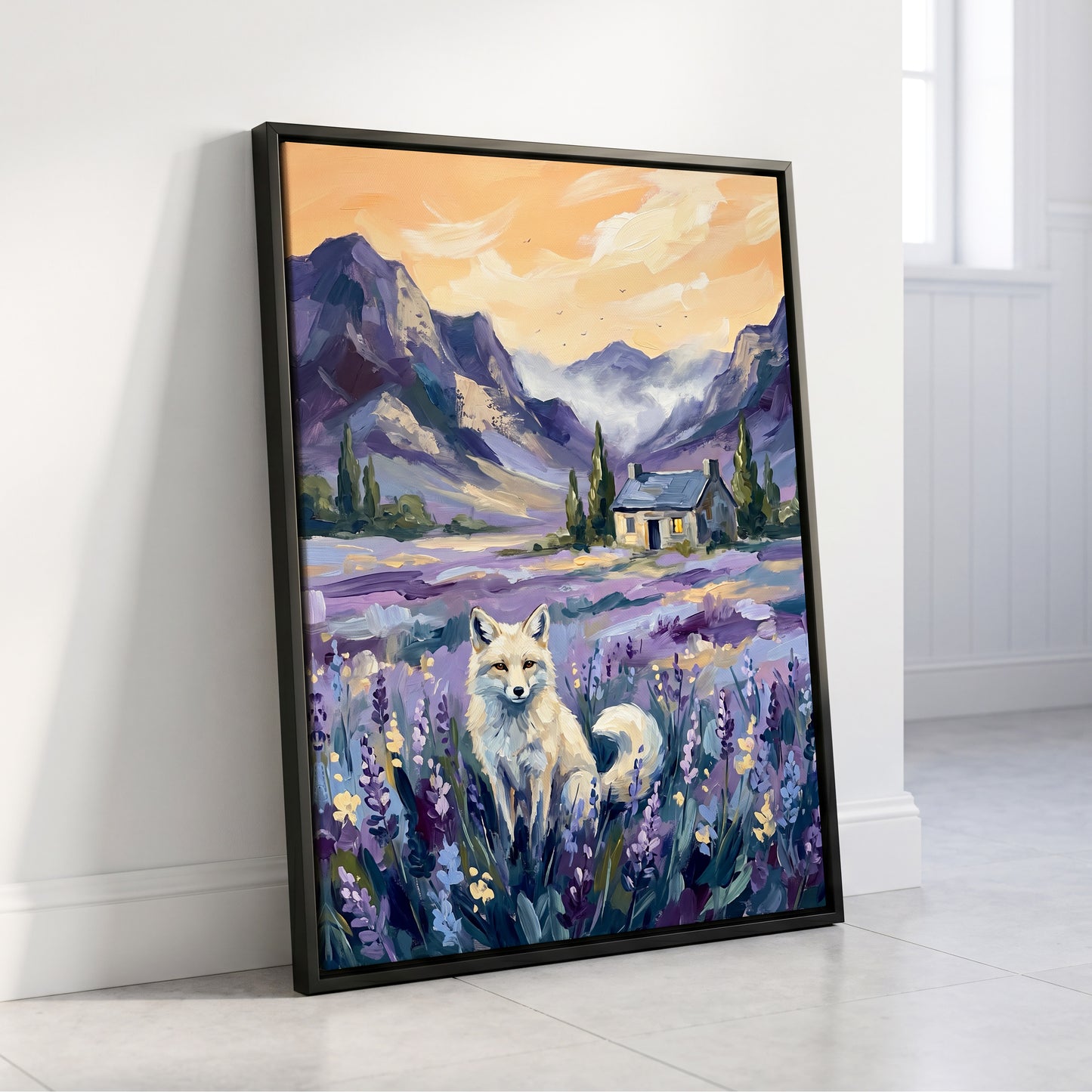 Fox in Lavender Valley, purple, blue, white nature wall art displayed in a styled interior, gallery view 4