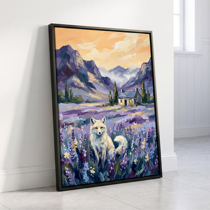 Fox in Lavender Valley, purple, blue, white nature wall art displayed in a styled interior, gallery view 4