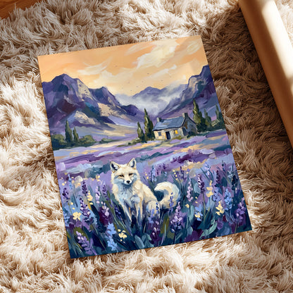 Fox in Lavender Valley, purple, blue, white nature wall art displayed in a styled interior, gallery view 5