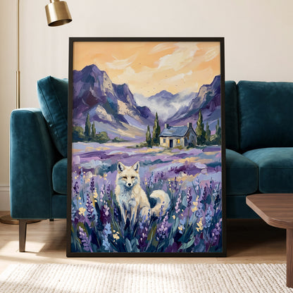 Fox in Lavender Valley, purple, blue, white nature wall art displayed in a styled interior, gallery view 6
