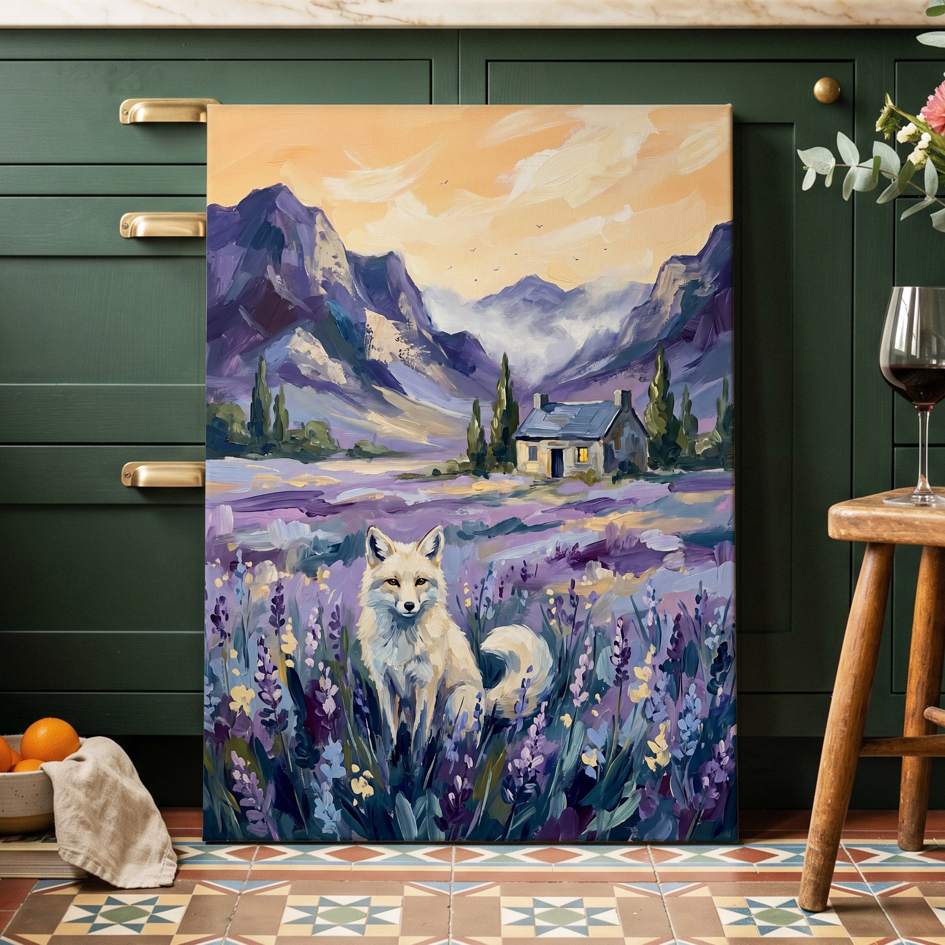 Fox in Lavender Valley, purple, blue, white nature wall art displayed in a styled interior, gallery view 7