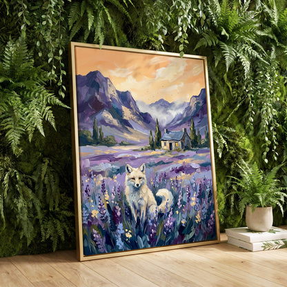 Fox in Lavender Valley, purple, blue, white nature wall art displayed in a styled interior, gallery view 8