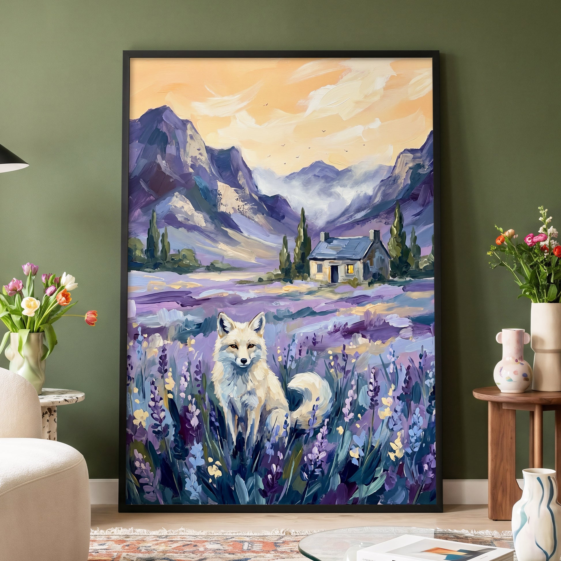 Fox in Lavender Valley, purple, blue, white nature wall art displayed in a styled interior, gallery view 9