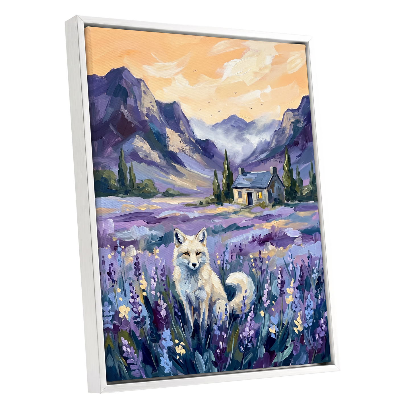 Fox in Lavender Valley, purple, blue, white nature wall art shown as a white framed canvas wall art