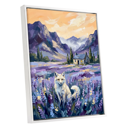 Fox in Lavender Valley, purple, blue, white nature wall art shown as a white framed canvas wall art
