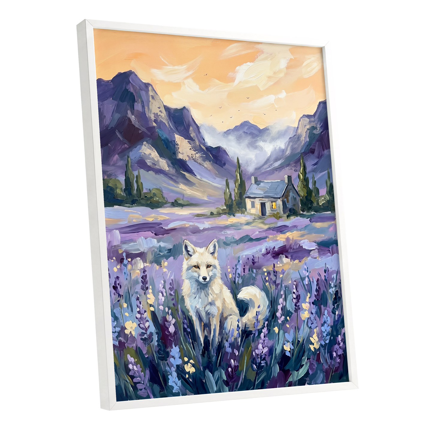 Fox in Lavender Valley, purple, blue, white nature wall art shown as a white framed poster wall art print