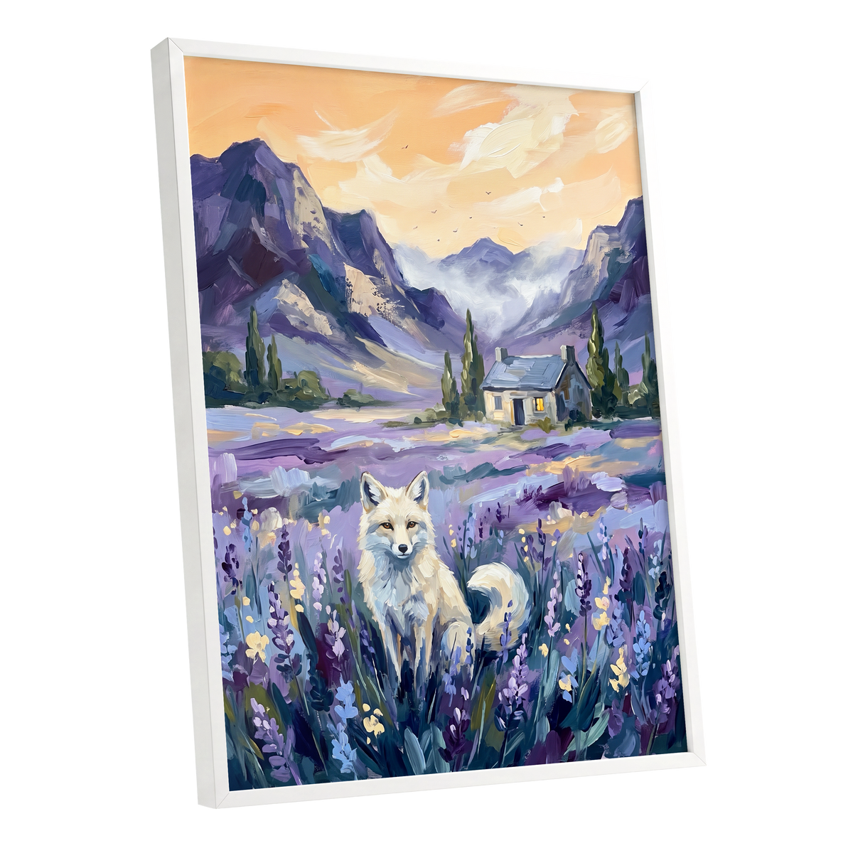 Fox in Lavender Valley, purple, blue, white nature wall art shown as a white framed poster wall art print