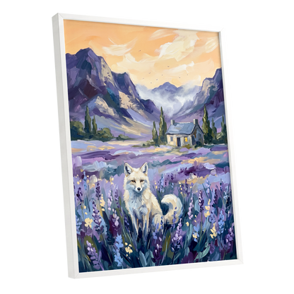 Fox in Lavender Valley, purple, blue, white nature wall art shown as a white framed poster wall art print