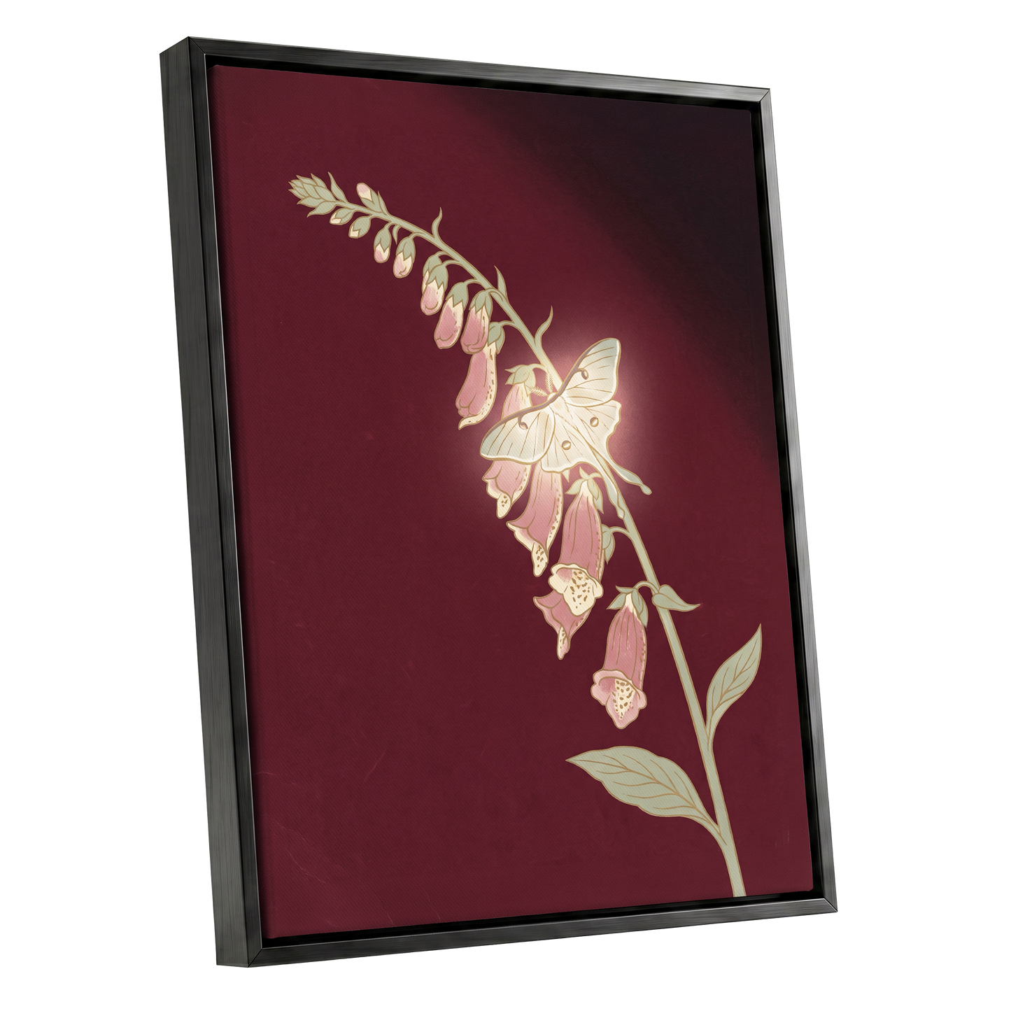 Foxglove Nocturne, red, pink, green floral wall art shown as a black framed canvas wall art