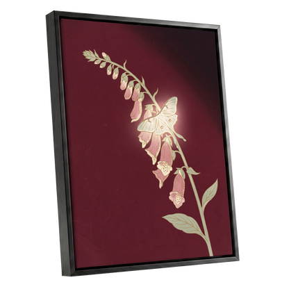 Foxglove Nocturne, red, pink, green floral wall art shown as a black framed canvas wall art