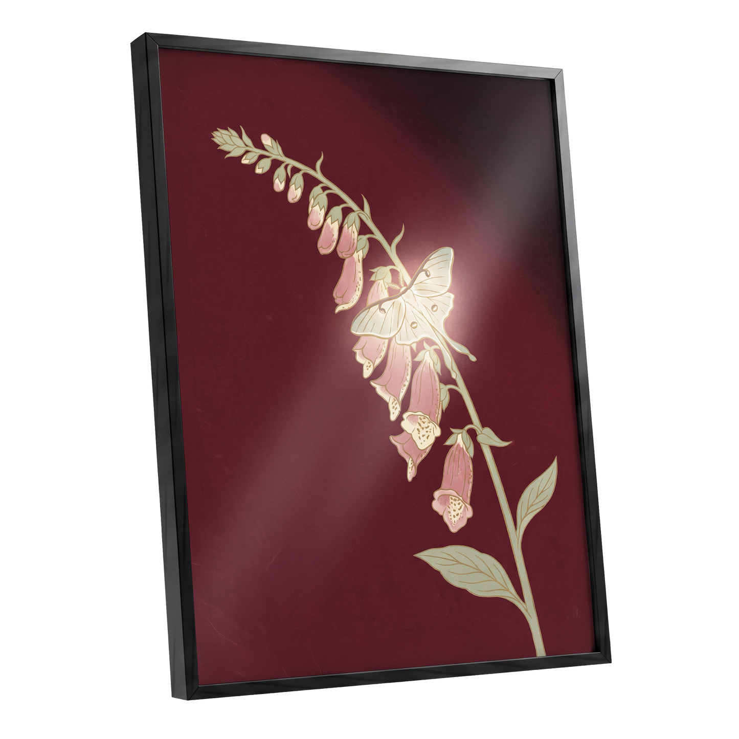 Foxglove Nocturne, red, pink, green floral wall art shown as a black framed poster wall art print