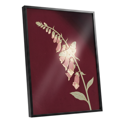Foxglove Nocturne, red, pink, green floral wall art shown as a black framed poster wall art print