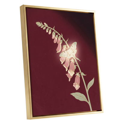 Foxglove Nocturne, red, pink, green floral wall art shown as a gold framed canvas wall art