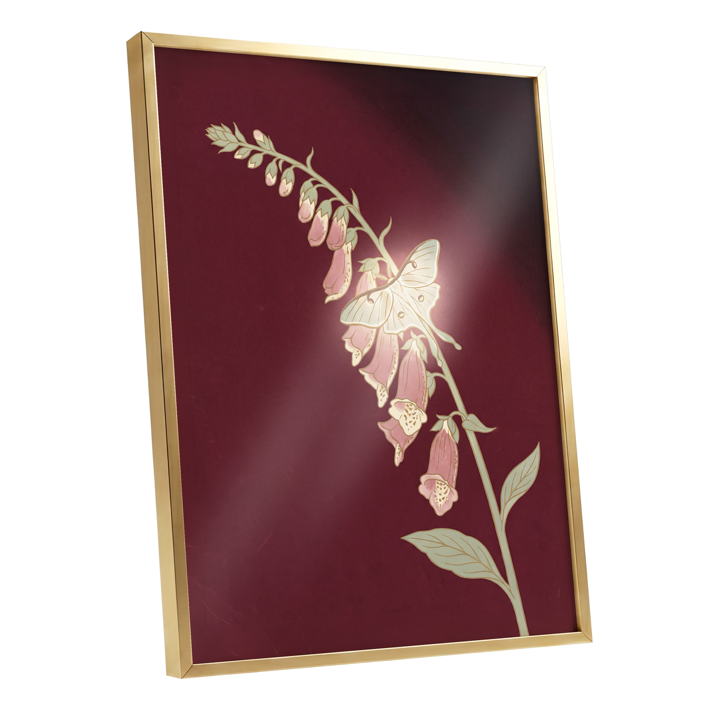Foxglove Nocturne, red, pink, green floral wall art shown as a gold framed poster wall art print