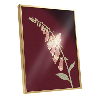 Foxglove Nocturne, red, pink, green floral wall art shown as a gold framed poster wall art print