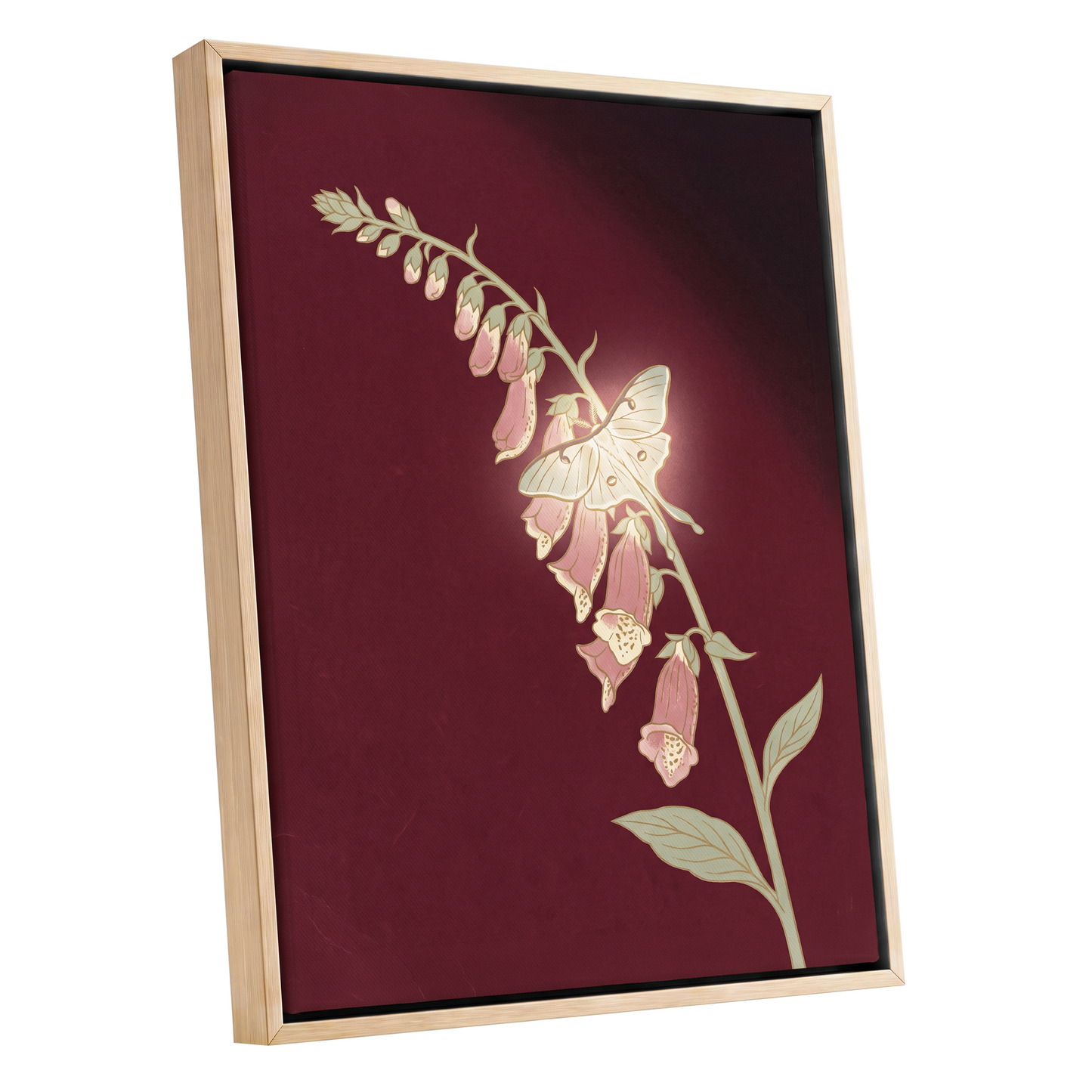 Foxglove Nocturne, red, pink, green floral wall art shown as a oak framed canvas wall art