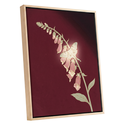 Foxglove Nocturne, red, pink, green floral wall art shown as a oak framed canvas wall art