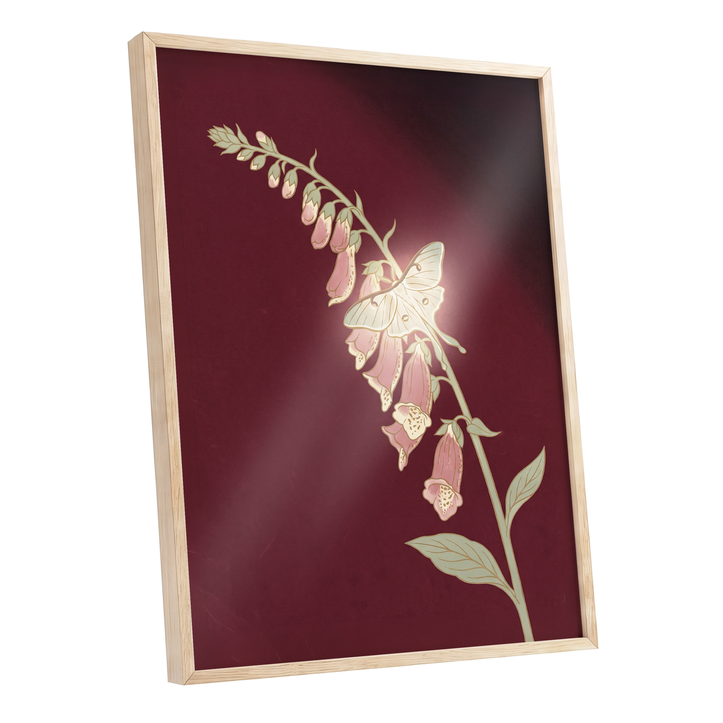 Foxglove Nocturne, red, pink, green floral wall art shown as a oak framed poster wall art print