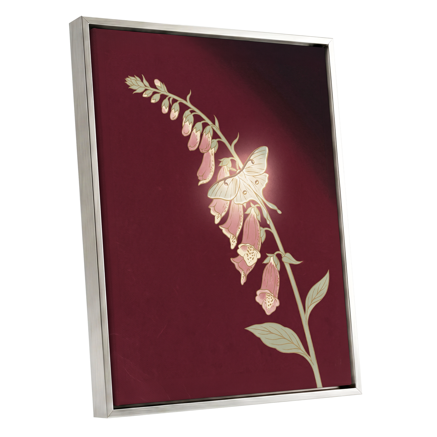 Foxglove Nocturne, red, pink, green floral wall art shown as a silver framed canvas wall art
