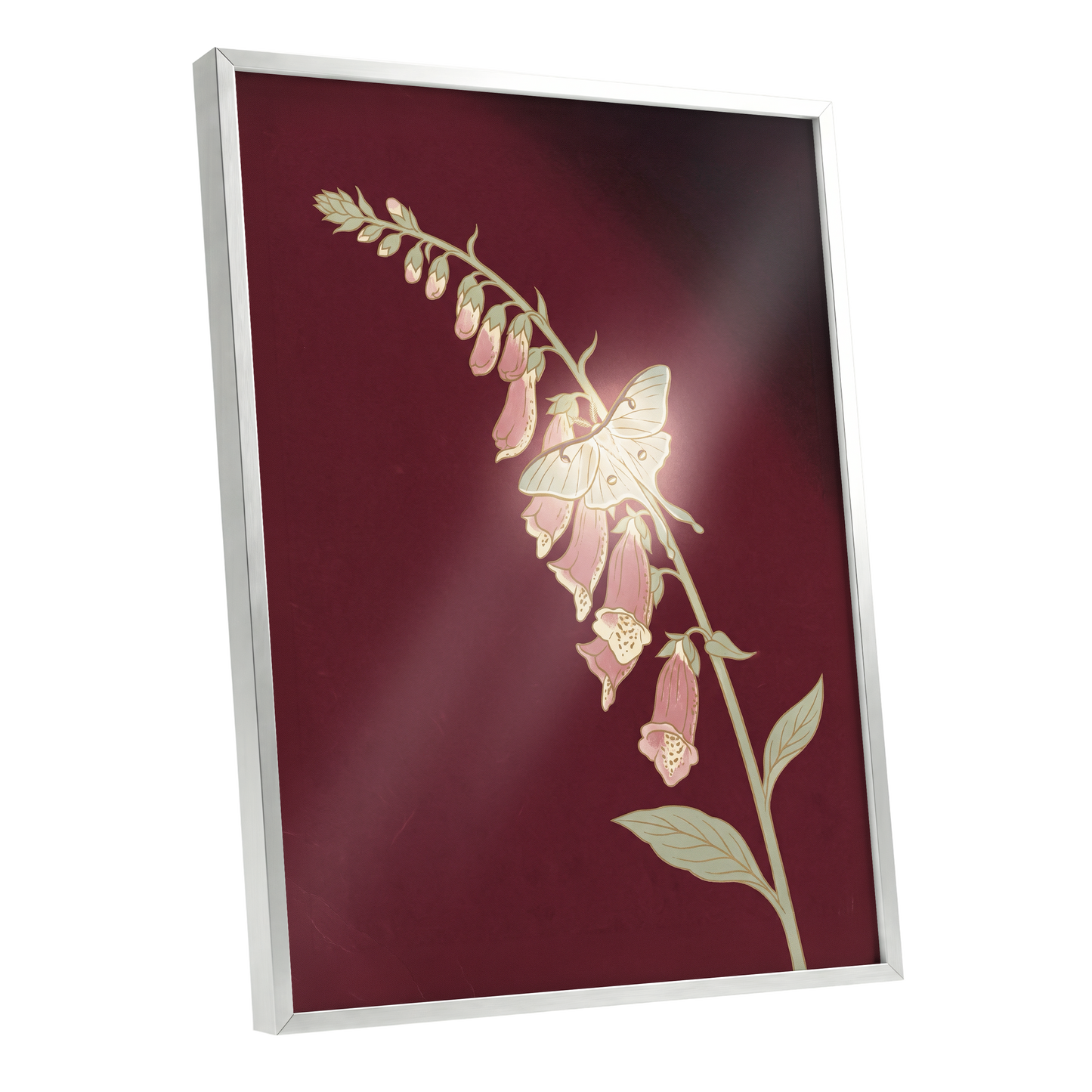 Foxglove Nocturne, red, pink, green floral wall art shown as a silver framed poster wall art print