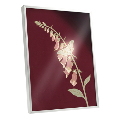 Foxglove Nocturne, red, pink, green floral wall art shown as a silver framed poster wall art print