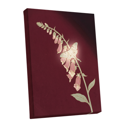 Foxglove Nocturne, red, pink, green floral wall art shown as a stretched canvas wall art