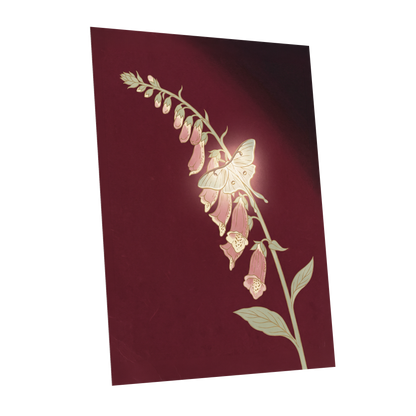 Foxglove Nocturne, red, pink, green floral wall art shown as a unframed poster wall art print