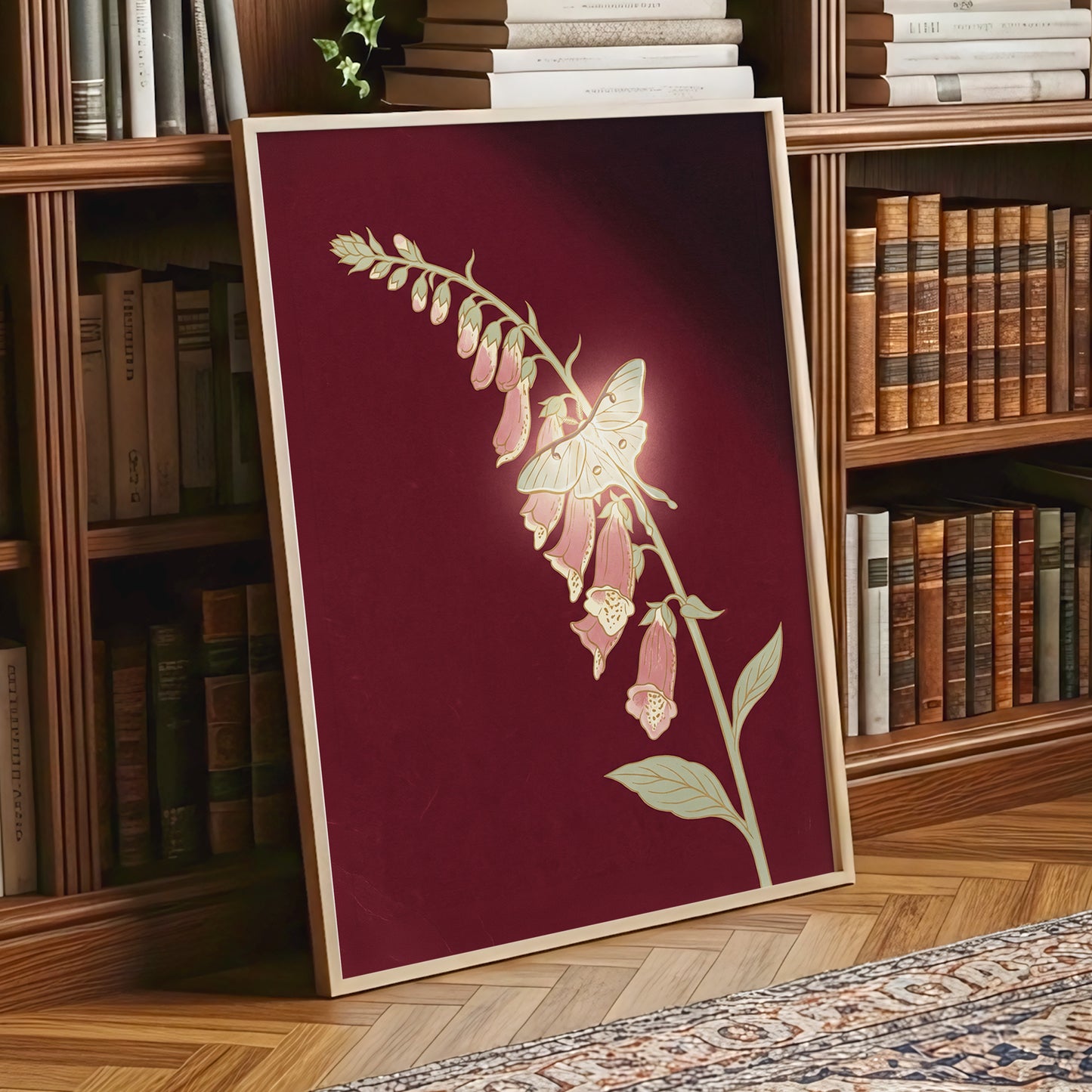 Foxglove Nocturne, red, pink, green floral wall art displayed in a styled interior, gallery view 2