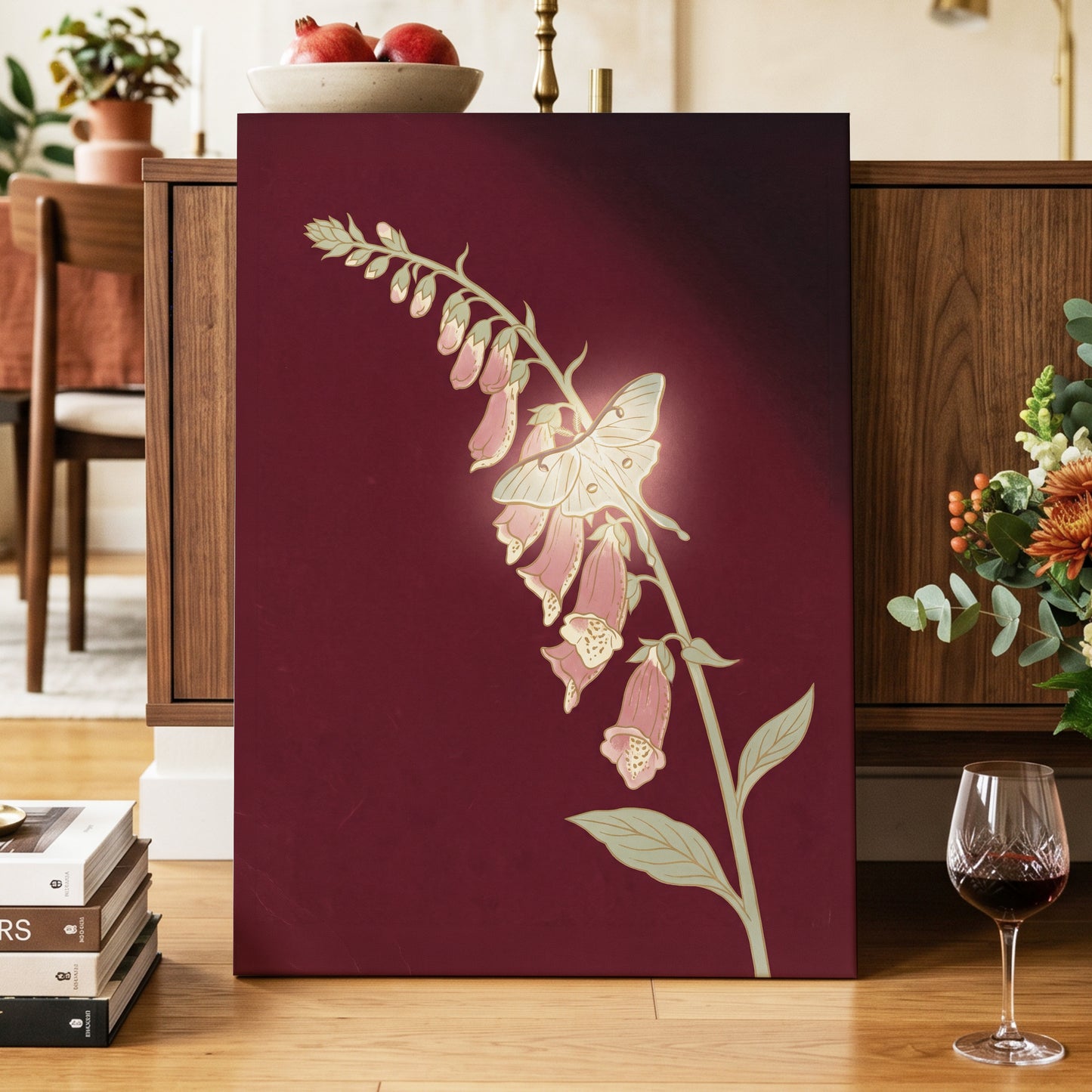 Foxglove Nocturne, red, pink, green floral wall art displayed in a styled interior, gallery view 3