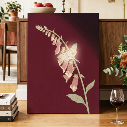 Foxglove Nocturne, red, pink, green floral wall art displayed in a styled interior, gallery view 3