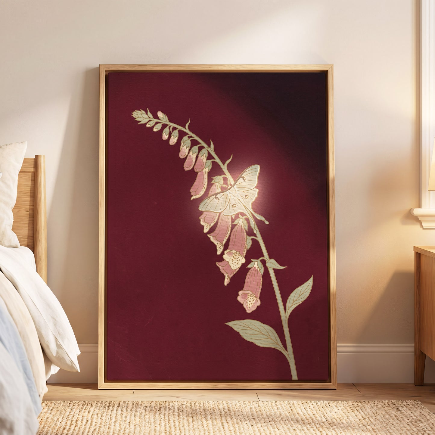 Foxglove Nocturne, red, pink, green floral wall art displayed in a styled interior, gallery view 4