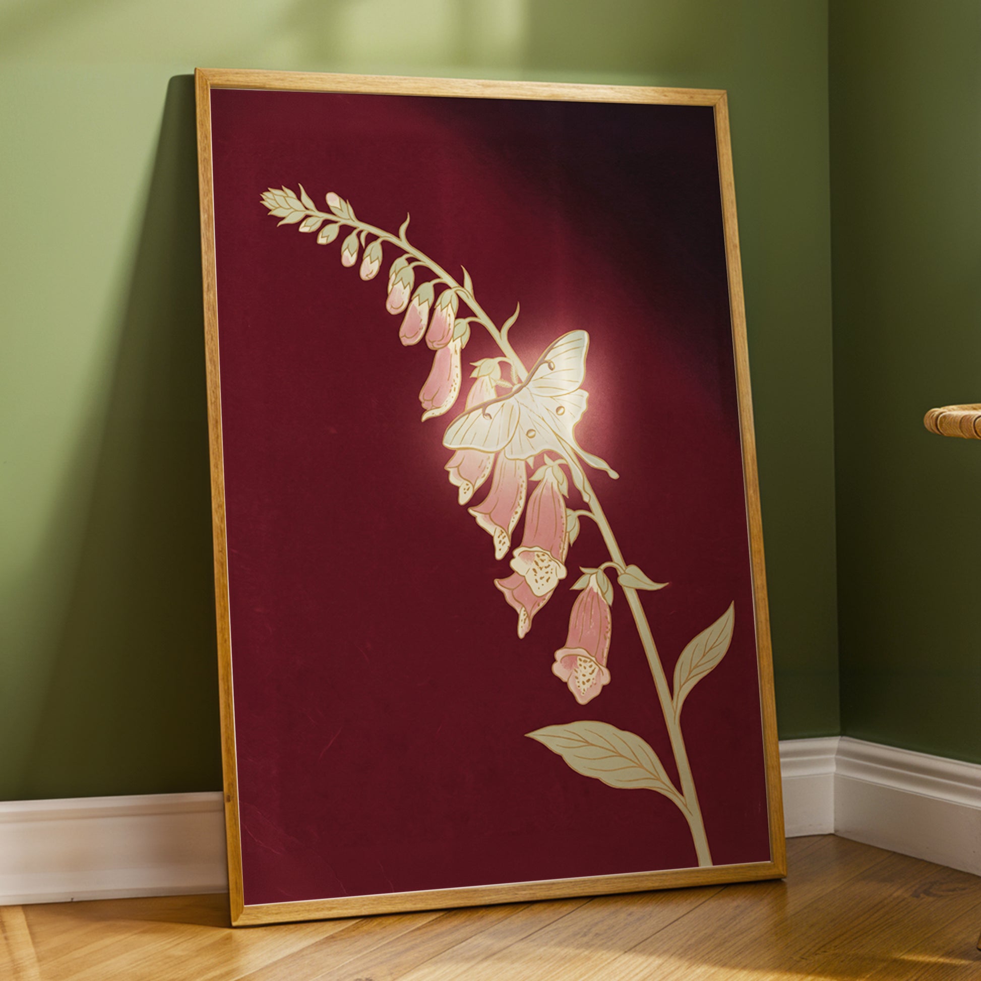 Foxglove Nocturne, red, pink, green floral wall art displayed in a styled interior, gallery view 6