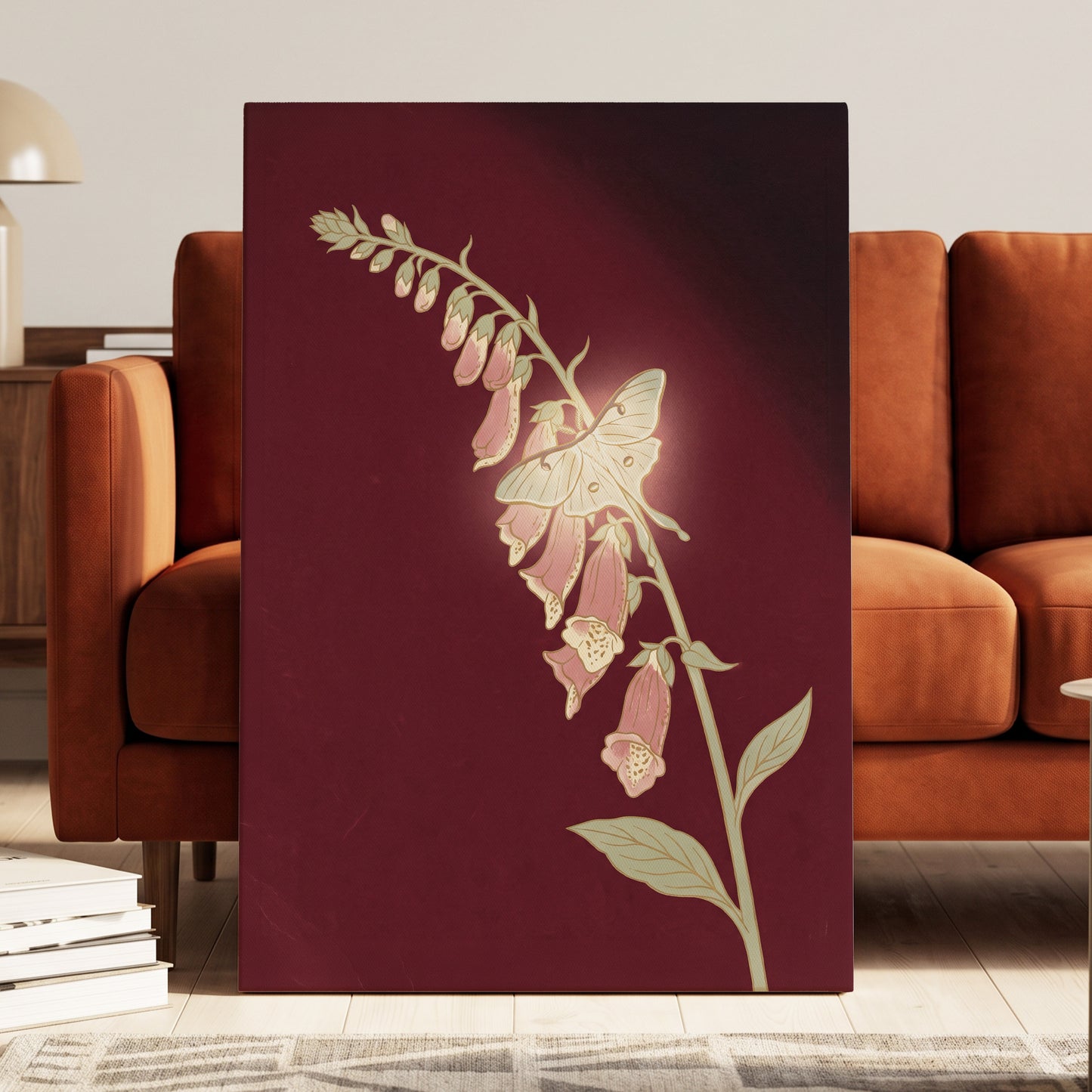 Foxglove Nocturne, red, pink, green floral wall art displayed in a styled interior, gallery view 7