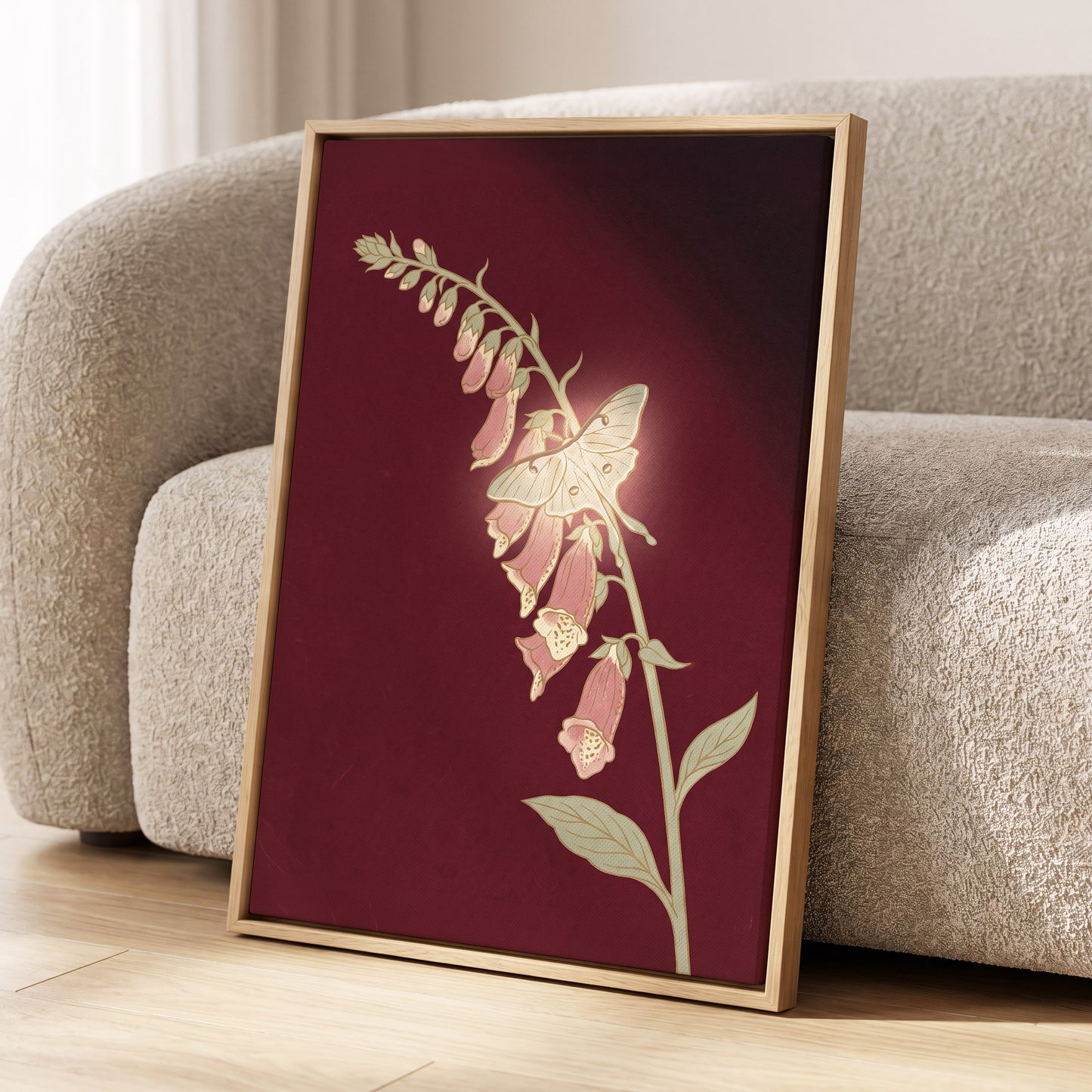 Foxglove Nocturne, red, pink, green floral wall art displayed in a styled interior, gallery view 8