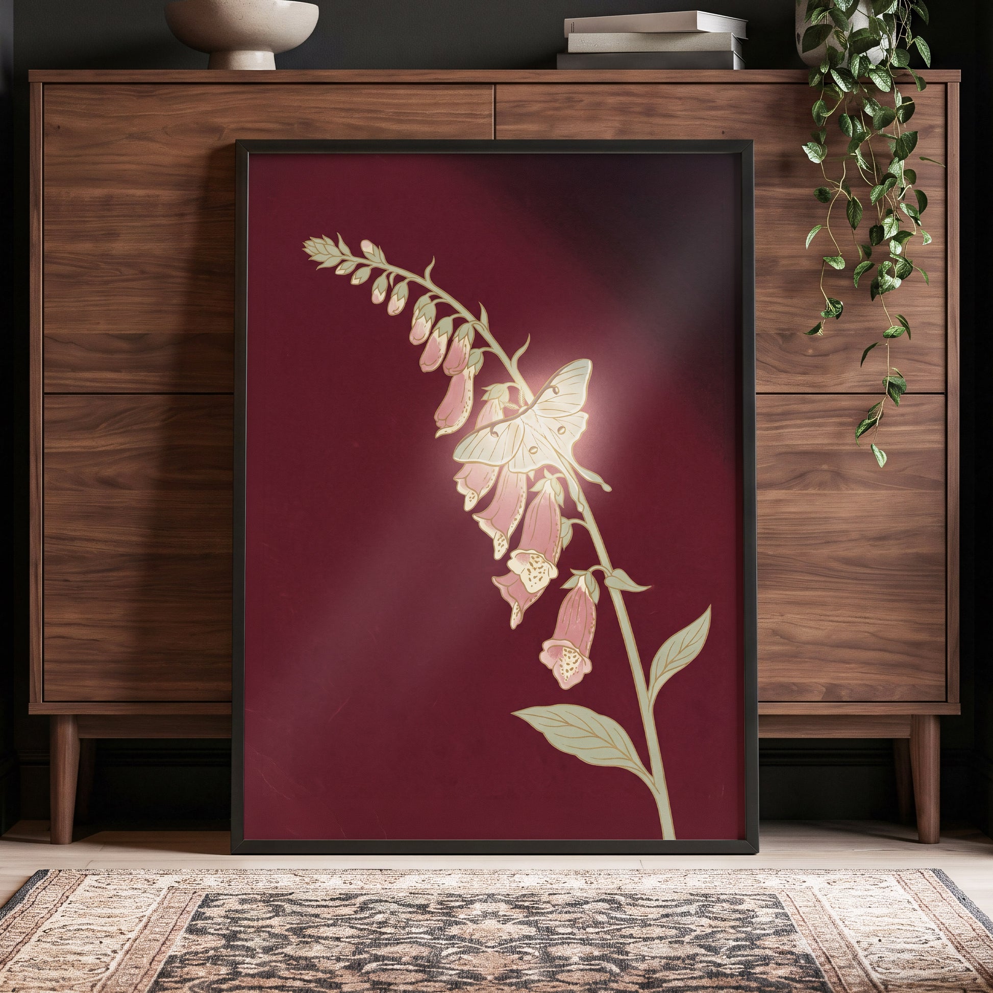 Foxglove Nocturne, red, pink, green floral wall art displayed in a styled interior, gallery view 9