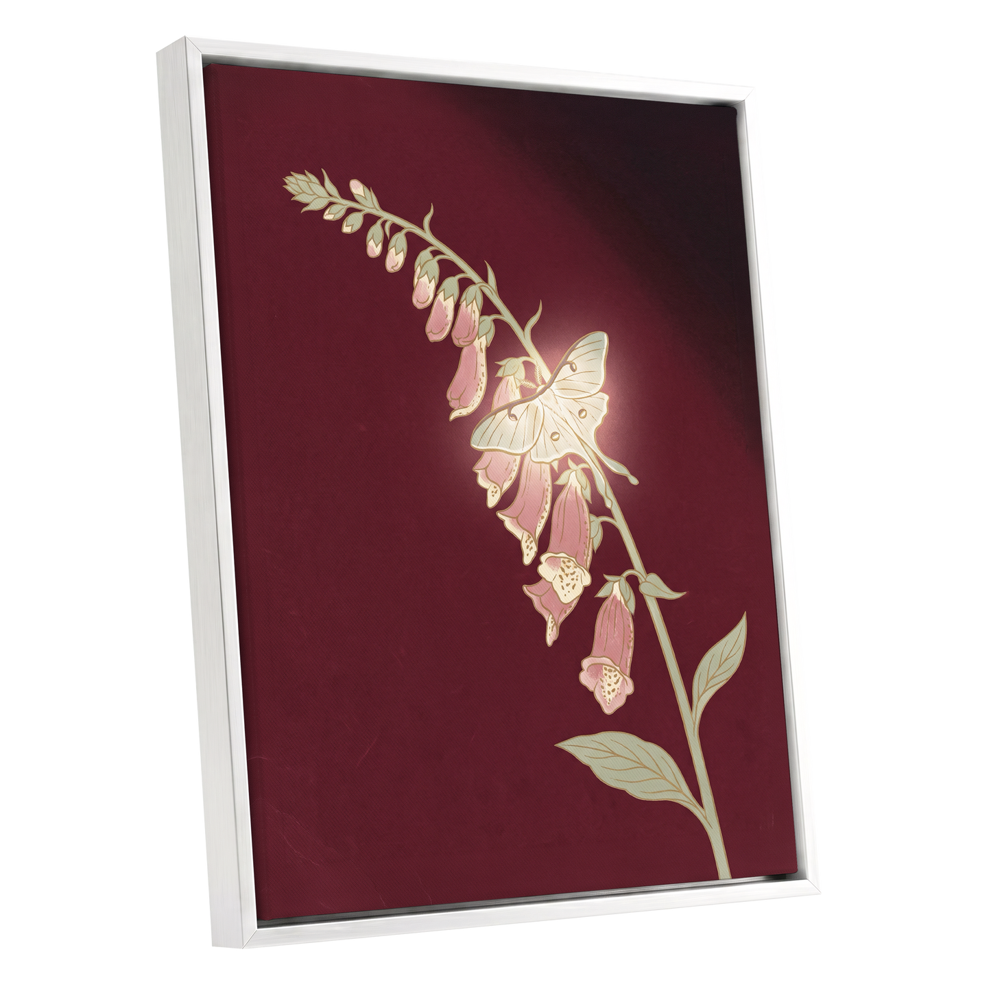 Foxglove Nocturne, red, pink, green floral wall art shown as a white framed canvas wall art