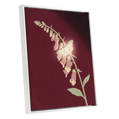 Foxglove Nocturne, red, pink, green floral wall art shown as a white framed canvas wall art