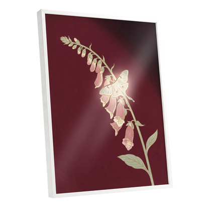 Foxglove Nocturne, red, pink, green floral wall art shown as a white framed poster wall art print