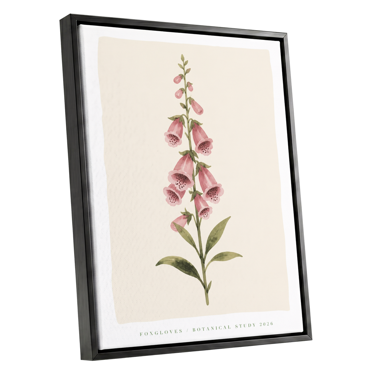 Foxglove Reverie, pink, green, beige floral wall art shown as a black framed canvas wall art
