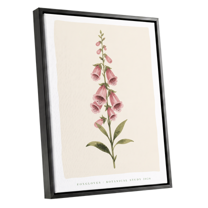 Foxglove Reverie, pink, green, beige floral wall art shown as a black framed canvas wall art