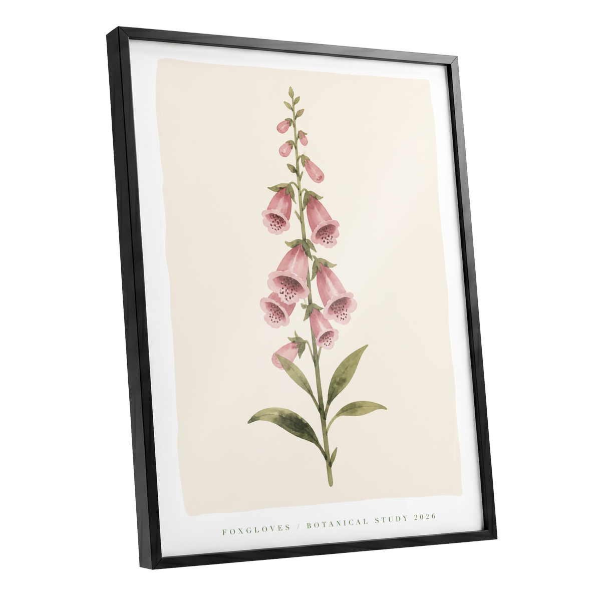 Foxglove Reverie, pink, green, beige floral wall art shown as a black framed poster wall art print