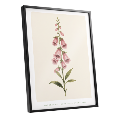 Foxglove Reverie, pink, green, beige floral wall art shown as a black framed poster wall art print