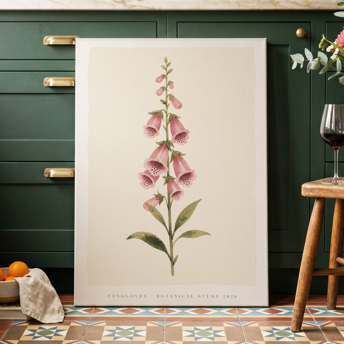 Foxglove Reverie, pink, green, beige floral wall art on canvas displayed in a styled interior, gallery view 1