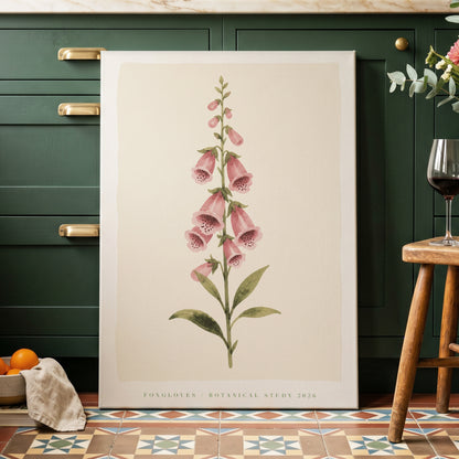 Foxglove Reverie, pink, green, beige floral wall art on canvas displayed in a styled interior, gallery view 1
