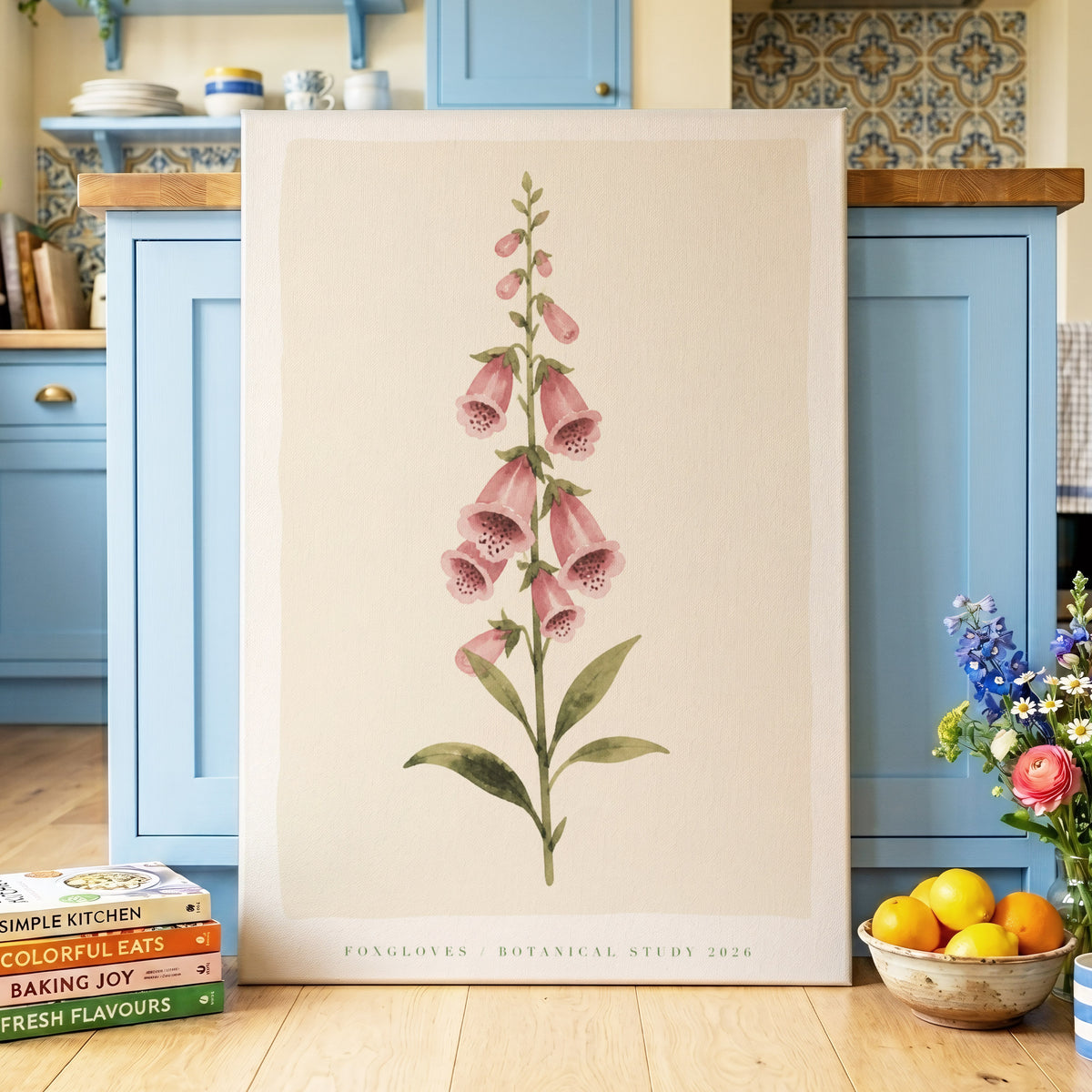 Foxglove Reverie, pink, green, beige floral wall art on canvas displayed in a styled interior, gallery view 2
