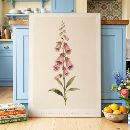 Foxglove Reverie, pink, green, beige floral wall art on canvas displayed in a styled interior, gallery view 2