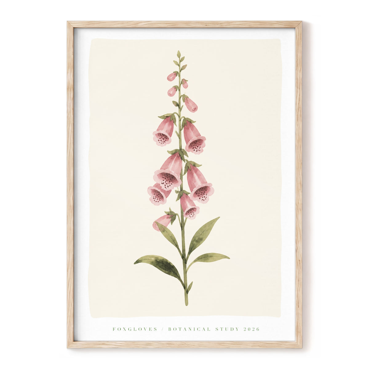 Foxglove Reverie, pink, green, beige floral wall art, front artwork view