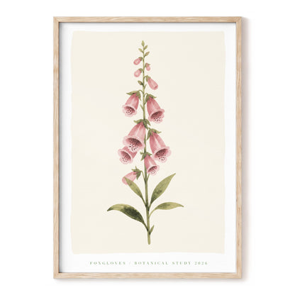 Foxglove Reverie, pink, green, beige floral wall art, front artwork view