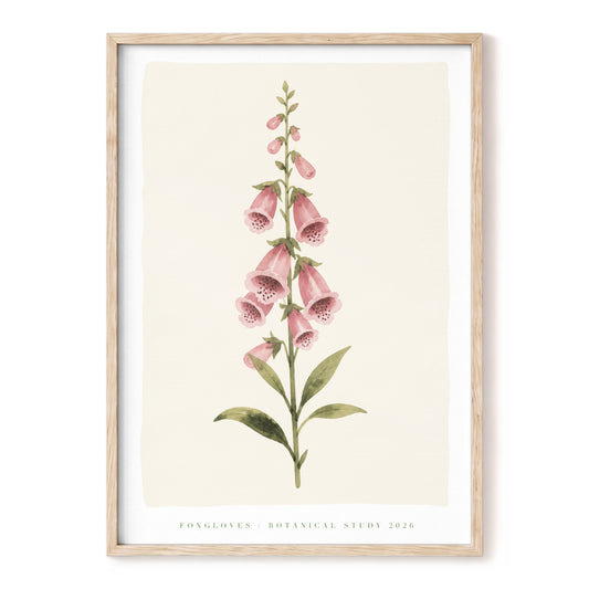 Foxglove Reverie, pink, green, beige floral wall art, front artwork view