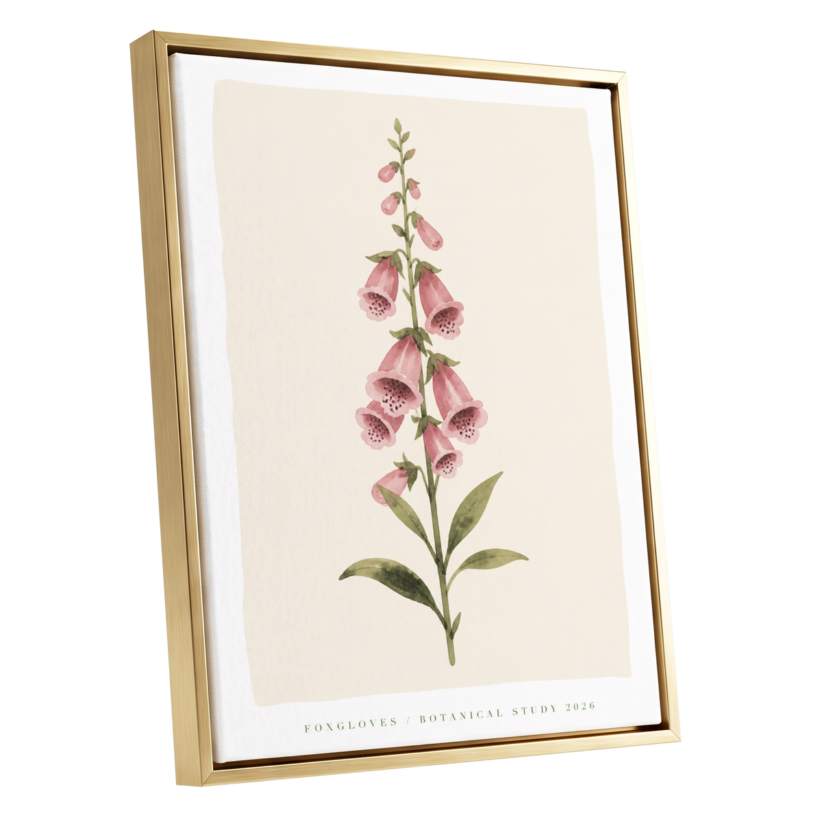 Foxglove Reverie, pink, green, beige floral wall art shown as a gold framed canvas wall art